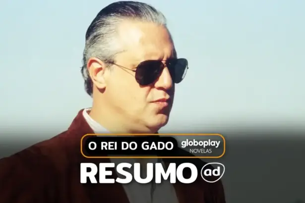 Bruno Mezenga (Antonio Fagundes) com óculos escuro na arte do resumo de O Rei do Gado