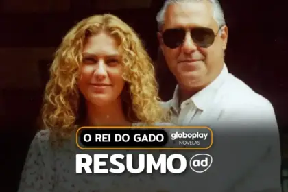 Luana (Patricia Pillar) e Regino (Jackson Antunes) lado a lado na arte de divulgação de O Rei do Gado