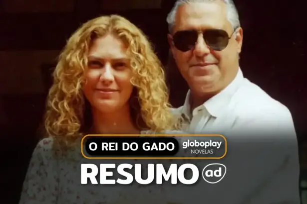 Luana (Patricia Pillar) e Regino (Jackson Antunes) lado a lado na arte de divulgação de O Rei do Gado