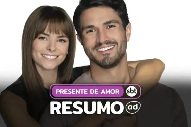 Casal de protagonistas da novela Presente de Amor. Ela o abraça e ambos sorriem na arte de divulgação do resumo da novela