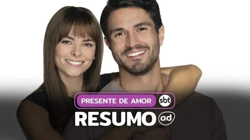 Casal de protagonistas da novela Presente de Amor. Ela o abraça e ambos sorriem na arte de divulgação do resumo da novela