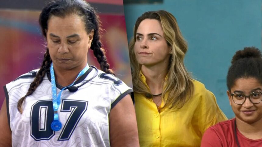 Solange Couto com o colar do anjo divide tela com Ana Paula e Milena que olham com desdém no gramado do BBB 26