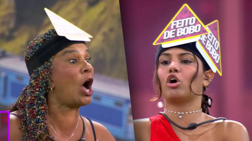 Solange com a boca aberta xingando Gabriela que também briga no gramado do BBB 26 durante o Sincerão
