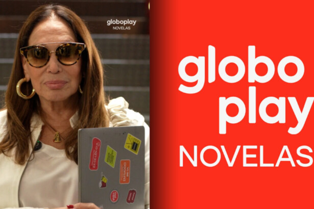 Susana Vieira de óculos escuro divide tela com o logo do GloboPlay Novelas