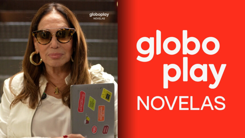 Susana Vieira de óculos escuro divide tela com o logo do GloboPlay Novelas