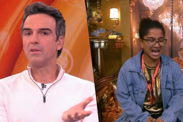 Tadeu Schmidt de camisa branca apresentando o BBB 26 com semblante irritado divide tela com Milena no confessionário com a boca aberta chorando ao receber bronca da produção