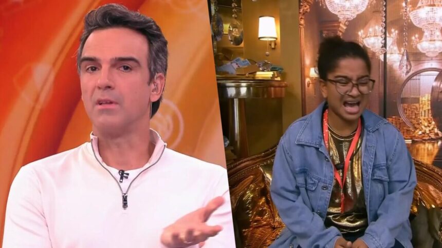 Tadeu Schmidt de camisa branca apresentando o BBB 26 com semblante irritado divide tela com Milena no confessionário com a boca aberta chorando ao receber bronca da produção