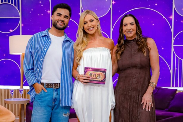 Virginia Fonseca, Lucas Guedez e Margareth Serrão no cenário do Sabadou