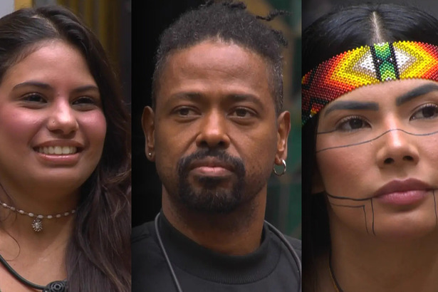 Gabriela, Leandro Boneco e Marciele sentados no sofá da sala do BBB 26 pedindo votos no 15 Paredão