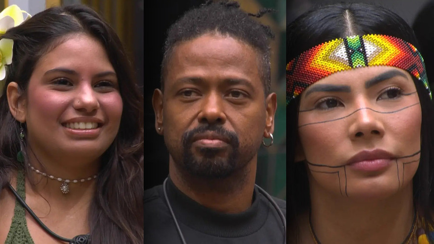 Gabriela, Leandro Boneco e Marciele sentados no sofá da sala do BBB 26 pedindo votos no 15 Paredão
