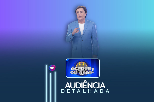 Tom Cavalcante em pé em cima do logo do Acerte ou Caia! na arte de divulgação de audiência detalhada do programa