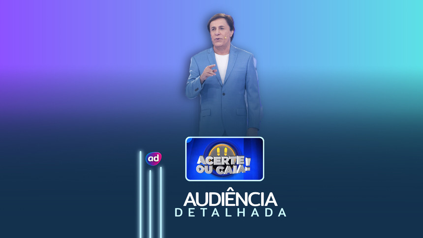 Tom Cavalcante em pé em cima do logo do Acerte ou Caia! na arte de divulgação de audiência detalhada do programa