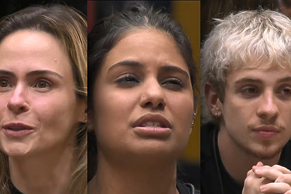 Ana Paula Renault, Gabriela e Juliano Floss com semblantes tristes pedem votos na sala do BBB 26