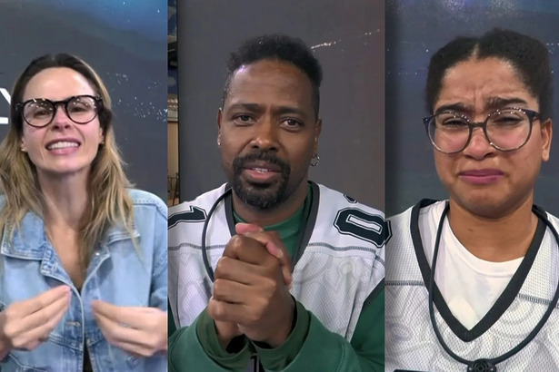 Ana Paula, Leandro e Milena chorando ao pedirem votos em pé no centro do cenário da Prova do Finalista do BBB 26 no último Paredão