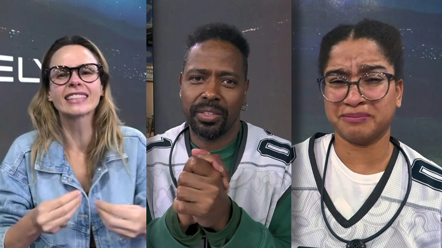 Ana Paula, Leandro e Milena chorando ao pedirem votos em pé no centro do cenário da Prova do Finalista do BBB 26 no último Paredão