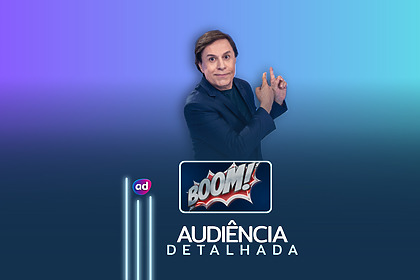 Tom Cavalcante sorridente na capa da arte de audiência detalhada do programa Boom!