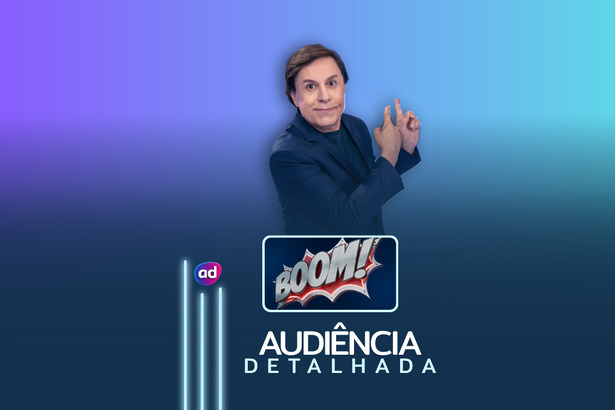 Tom Cavalcante sorridente na capa da arte de audiência detalhada do programa Boom!