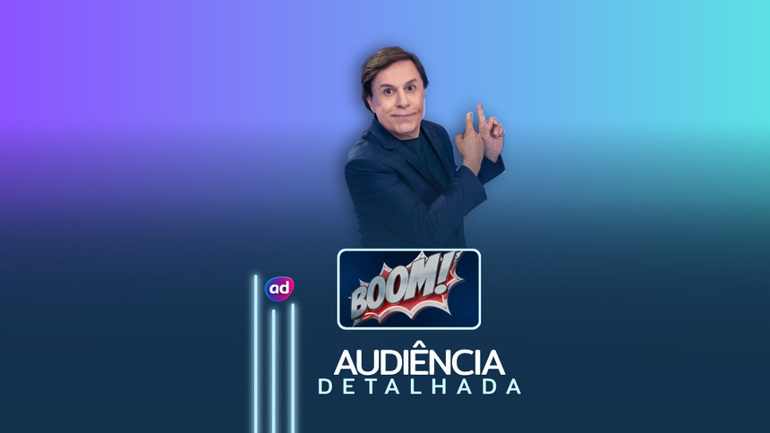 Tom Cavalcante sorridente na capa da arte de audiência detalhada do programa Boom!