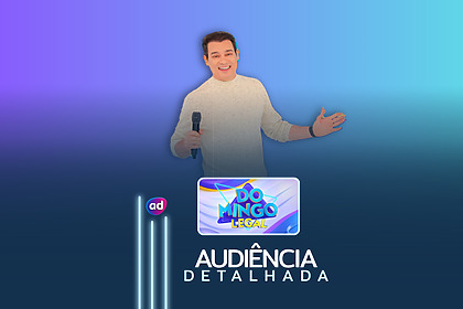 Celso Portiolli com o braço apontando para a lateral e sorridente perto do logo do Domingo Legal na arte de audiência detalhada