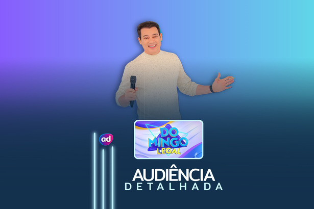 Celso Portiolli com o braço apontando para a lateral e sorridente perto do logo do Domingo Legal na arte de audiência detalhada