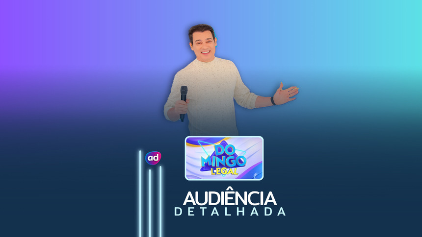 Celso Portiolli com o braço apontando para a lateral e sorridente perto do logo do Domingo Legal na arte de audiência detalhada