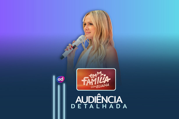 Eliana segura microfone branco na arte da audiência detalhada do Em Família Com Eliana