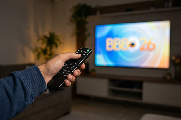 Mão segura controle remoto em frente a uma grande TV de LED com o logo do BBB 26