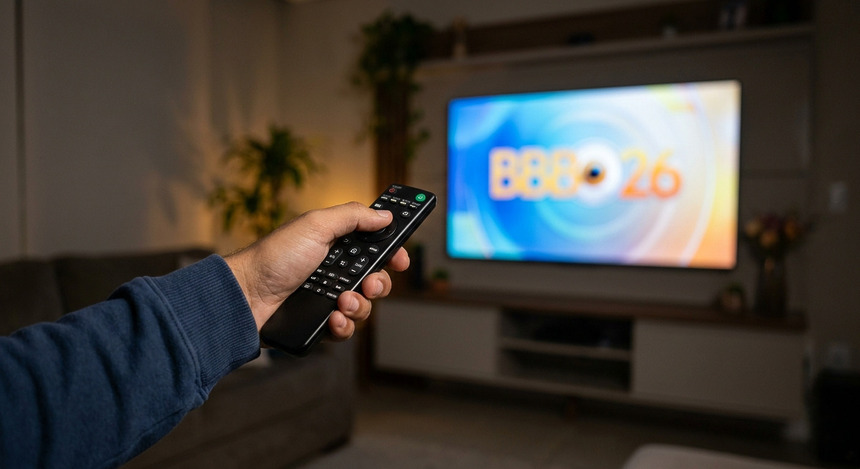 Mão segura controle remoto em frente a uma grande TV de LED com o logo do BBB 26