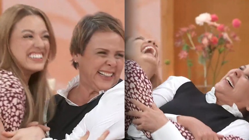 Beatriz Reis e Giulia Gam, em uma montagem com momento divertido no Encontro