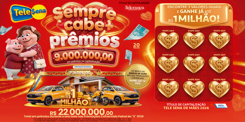 Bilhete da Tele Sena de Mães 2026 em tom vermelho acompanhado do tradicional porquinho mãe e seu filho