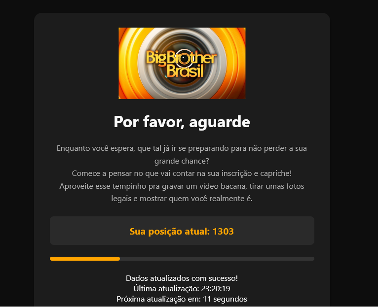 tela da página de inscrição do BBB 27 exibindo uma contagem para uma fila de espera de 1303 mil pessoas