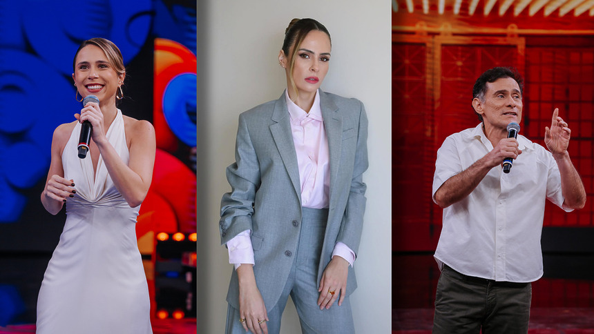 Daphne Bozaski segura microfone e sorrir no palco do Domingão, divide tela com Ana Paula Renault nos bastidores e Enrique Diaz no palco do programa