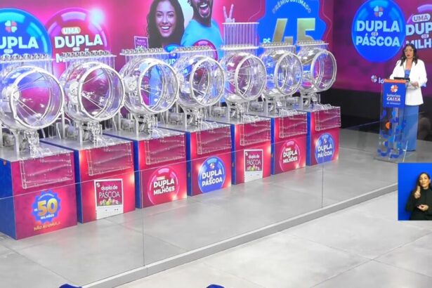 Globos dos sorteios da Dupla Sena de Páscoa 2026 caracterizados com a identidade visual do sorteio