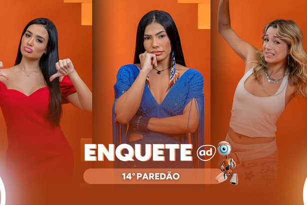 Jordana, Marciele, Samira com semblantes tristes na arte da enquete do 14º Paredão do BBB 26