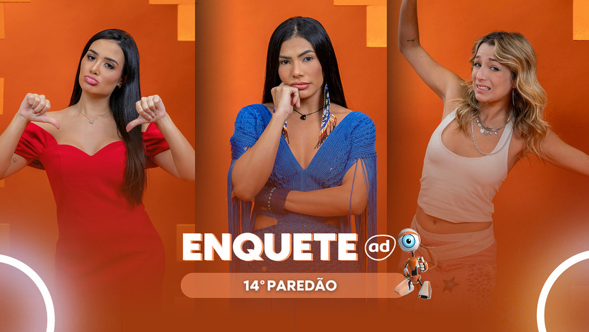 Jordana, Marciele, Samira com semblantes tristes na arte da enquete do 14º Paredão do BBB 26