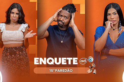 Gabriela, Leandro e Marciele com semblantes tristes na arte da enquete do 15º Paredão do BBB 26