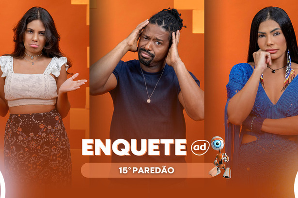 Gabriela, Leandro e Marciele com semblantes tristes na arte da enquete do 15º Paredão do BBB 26