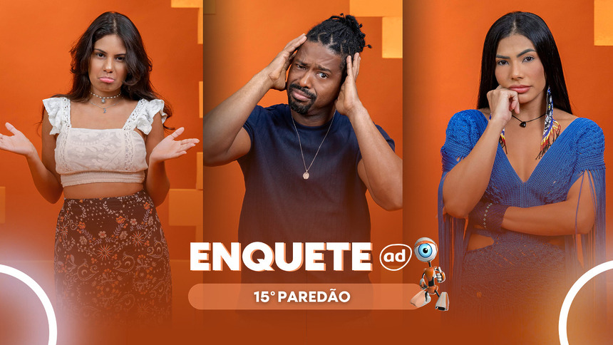 Gabriela, Leandro e Marciele com semblantes tristes na arte da enquete do 15º Paredão do BBB 26