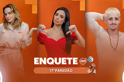 Ana Paula Renault, Jordana e Juliano Floss lado a lado com semblantes tristes na arte da enquete do 17º Paredão do BBB 26