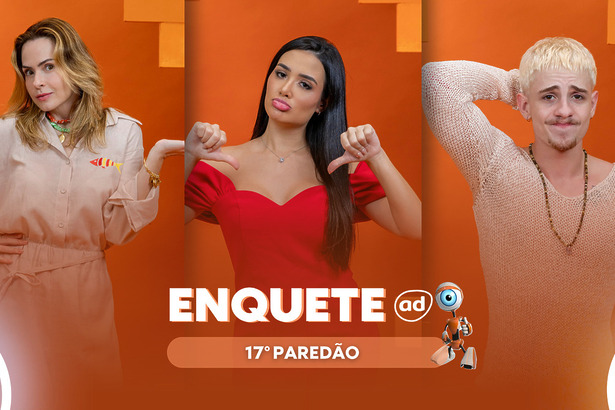 Ana Paula Renault, Jordana e Juliano Floss lado a lado com semblantes tristes na arte da enquete do 17º Paredão do BBB 26