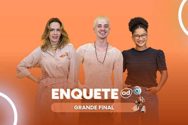 Ana Paula Renault, Juliano Floss e Milena lado a lado em pé na arte da enquete da Grande Final do BBB 26
