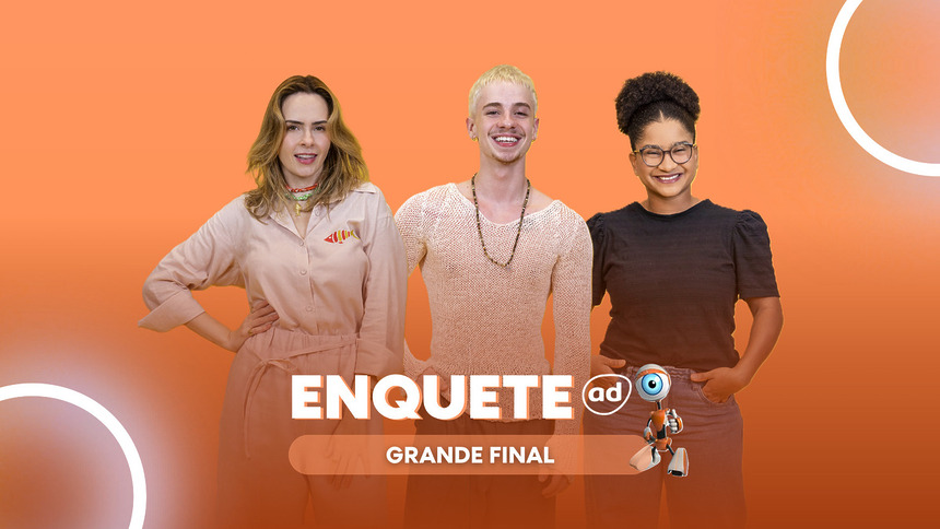 Ana Paula Renault, Juliano Floss e Milena lado a lado em pé na arte da enquete da Grande Final do BBB 26
