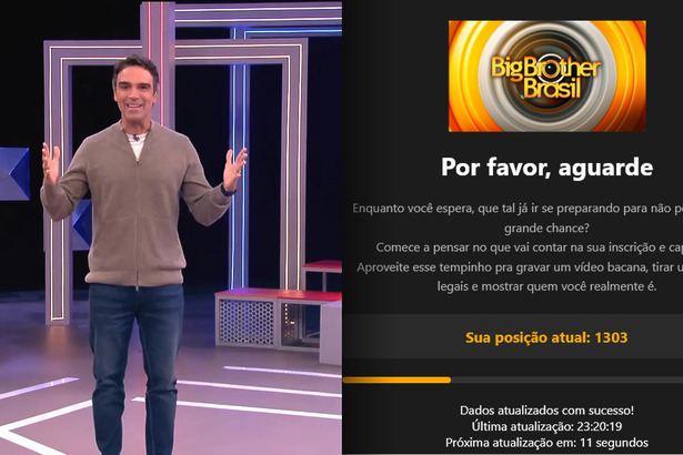 Tadeu Schdmit com os braços abertos no cenário do BBB 26 divide tela com a página de inscrição do BBB 27