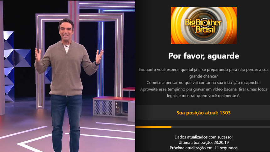Tadeu Schdmit com os braços abertos no cenário do BBB 26 divide tela com a página de inscrição do BBB 27