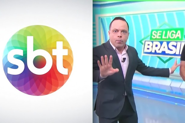 Logo do SBT dividindo tela com o apresentador Thiago Gardinali que parece assustado no cenário do Se Liga Brasil