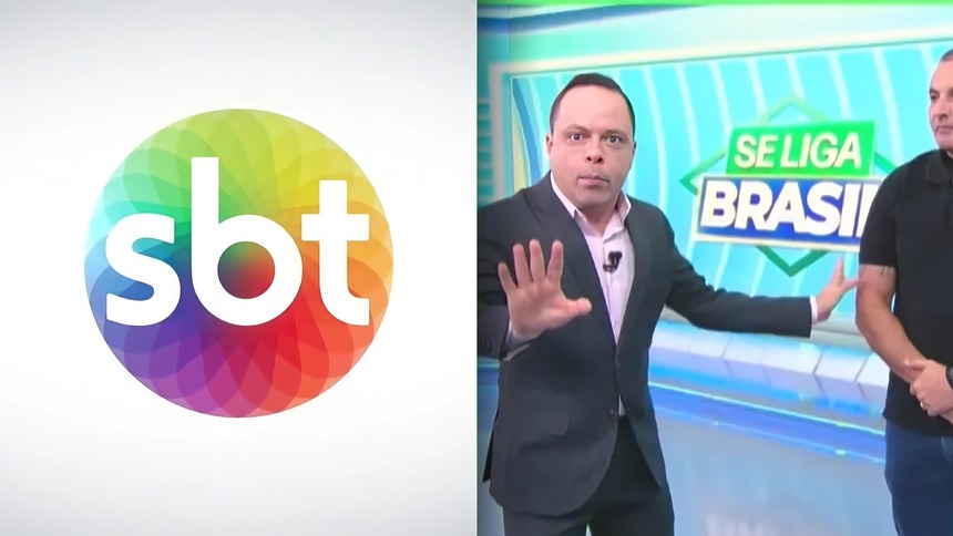Logo do SBT dividindo tela com o apresentador Thiago Gardinali que parece assustado no cenário do Se Liga Brasil