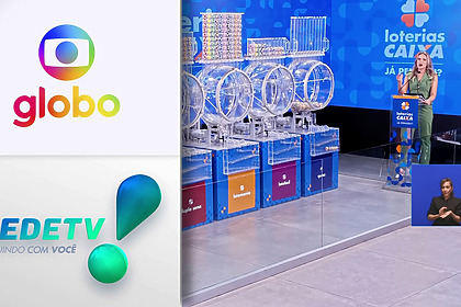 Logo da Globo e RedeTV! em montagem com os globos dos sorteios das Loterias Caixa