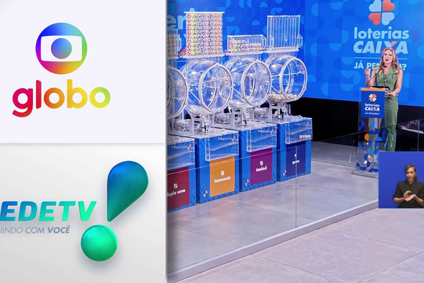 Logo da Globo e RedeTV! em montagem com os globos dos sorteios das Loterias Caixa