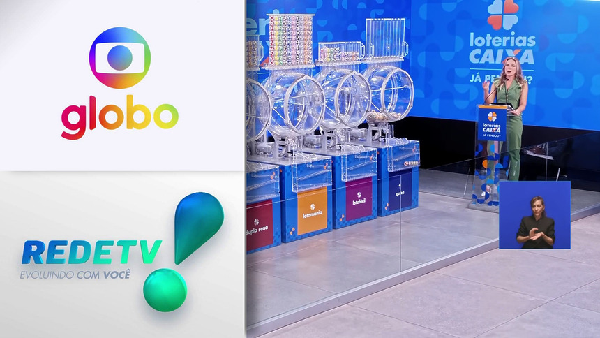 Logo da Globo e RedeTV! em montagem com os globos dos sorteios das Loterias Caixa