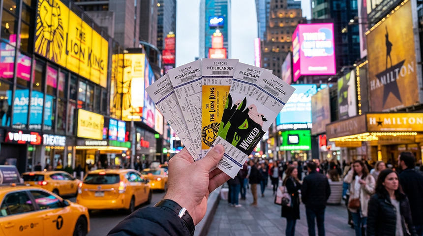 Mão segura ingressos de musicais da Broadway comprados no Hellotickets na avenida de Nova York